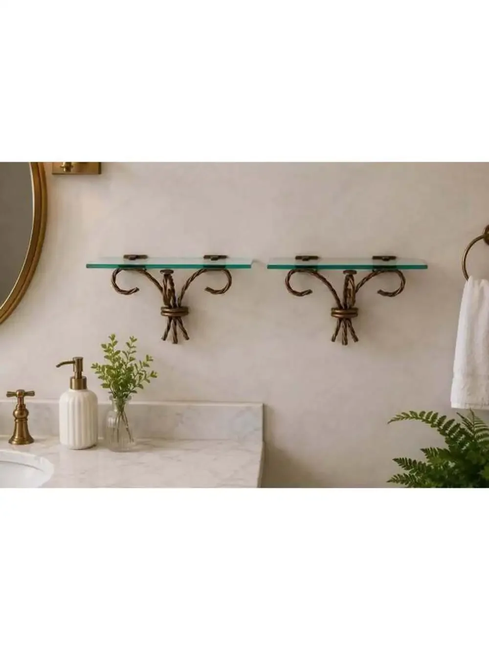Pair Vintage Gold Metal Wall Shelf Brackets Twisted Scroll Corbel Glass Shelves